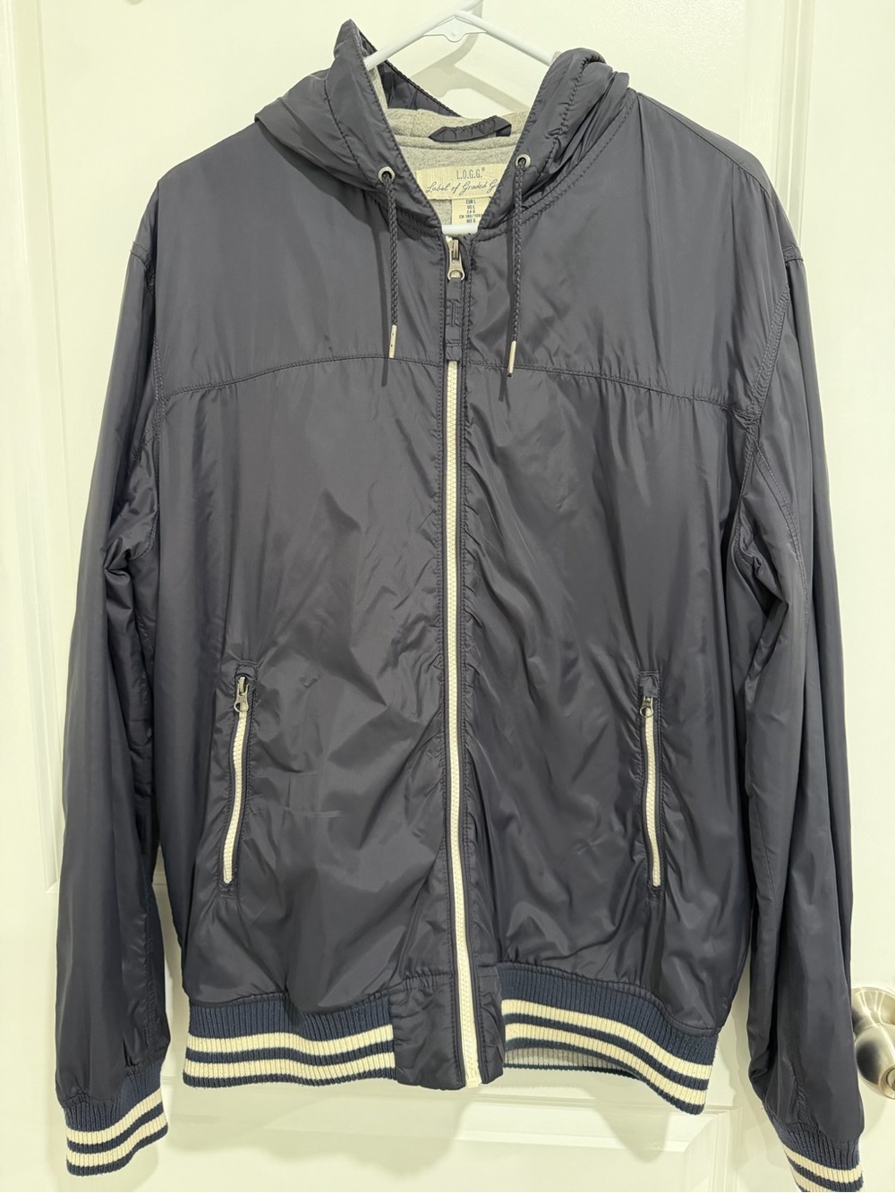 H&M Navy Hooded Bomber Jacket with Striped Trim